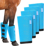 Durable blue mesh equine leg guards with stay put fasteners