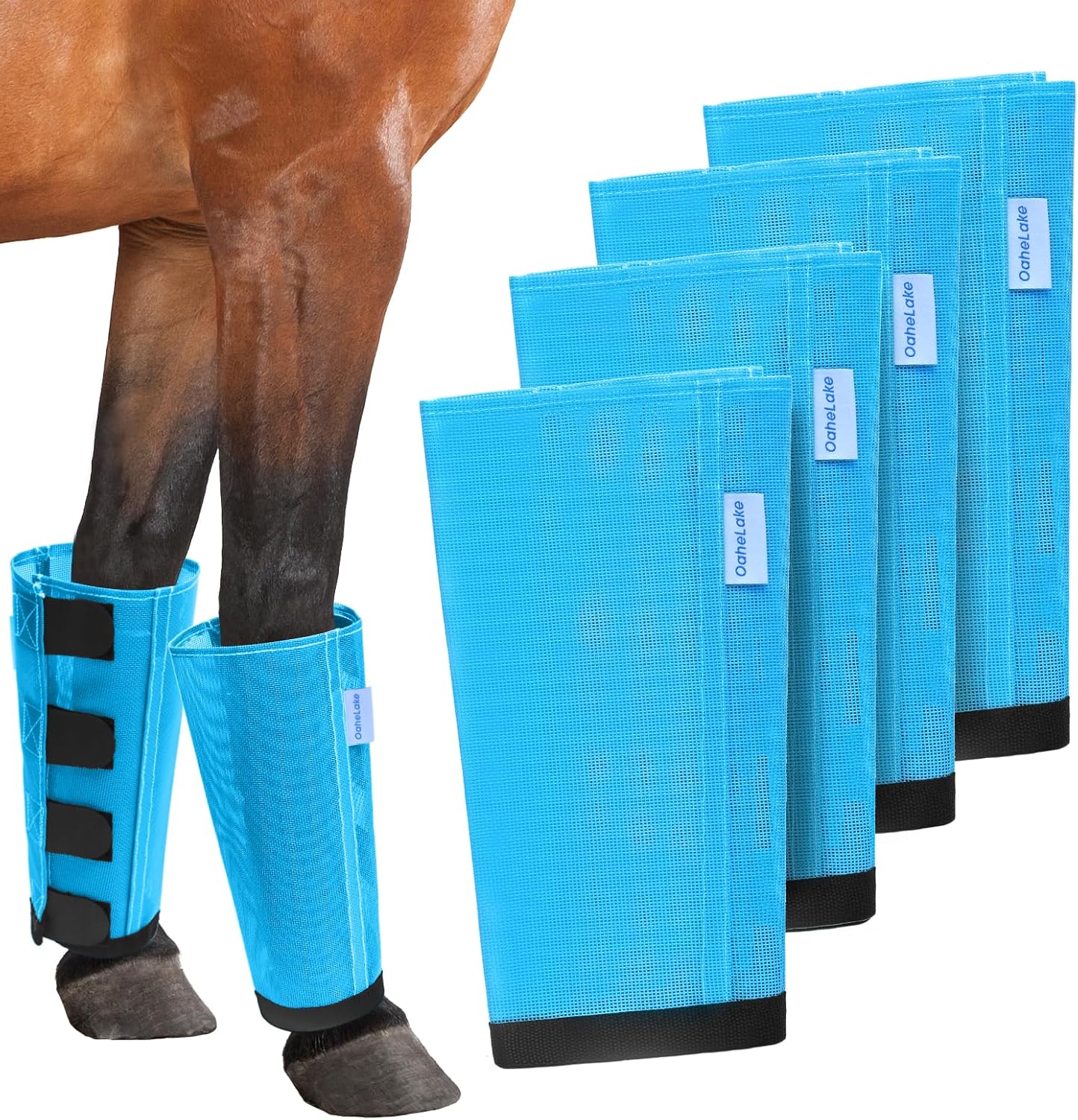 Durable blue mesh equine leg guards with stay put fasteners
