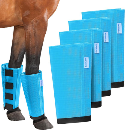 Durable blue mesh equine leg guards with stay put fasteners