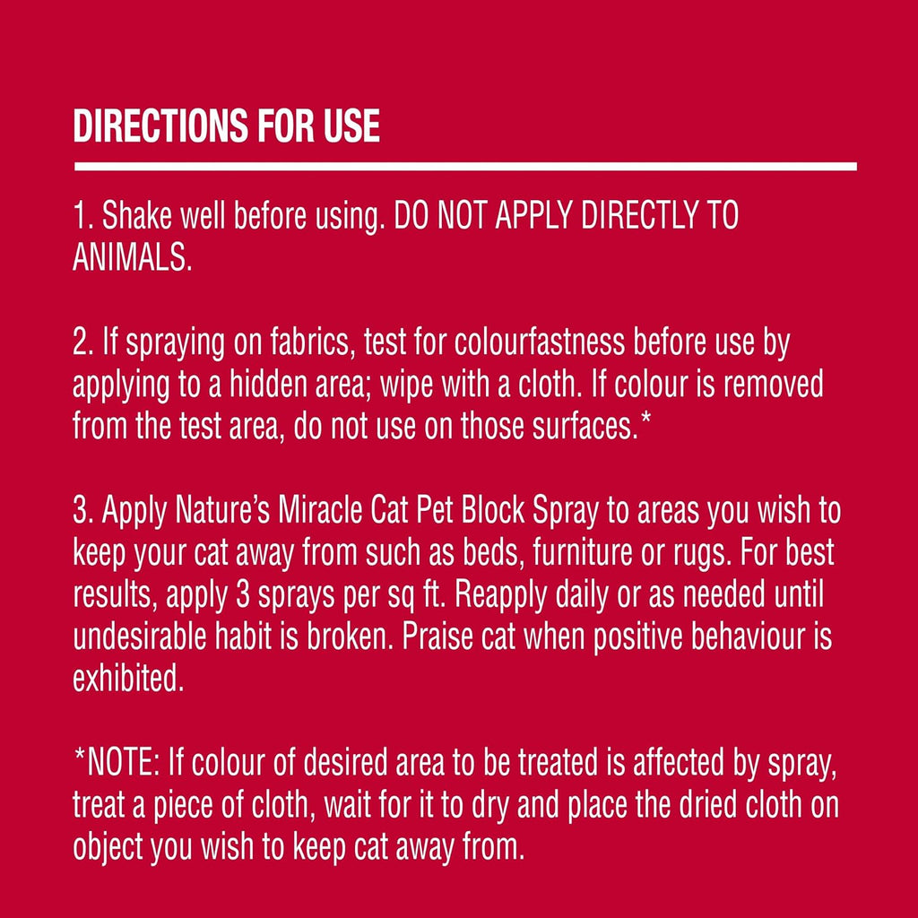 Nature's Miracle cat repellent spray label showing directions and essential oils