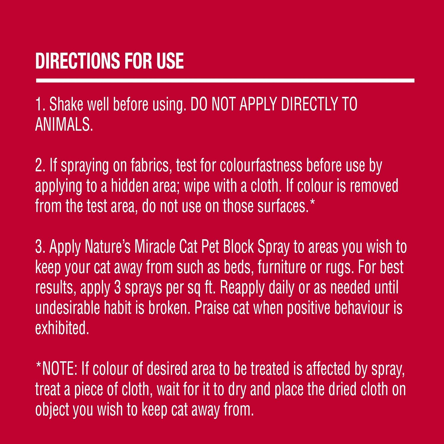 Nature's Miracle cat repellent spray label showing directions and essential oils