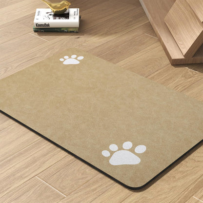 PADOOR pet feeding mat front view with beige color and white paw prints