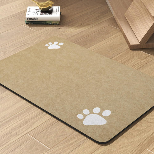 PADOOR pet feeding mat front view with beige color and white paw prints