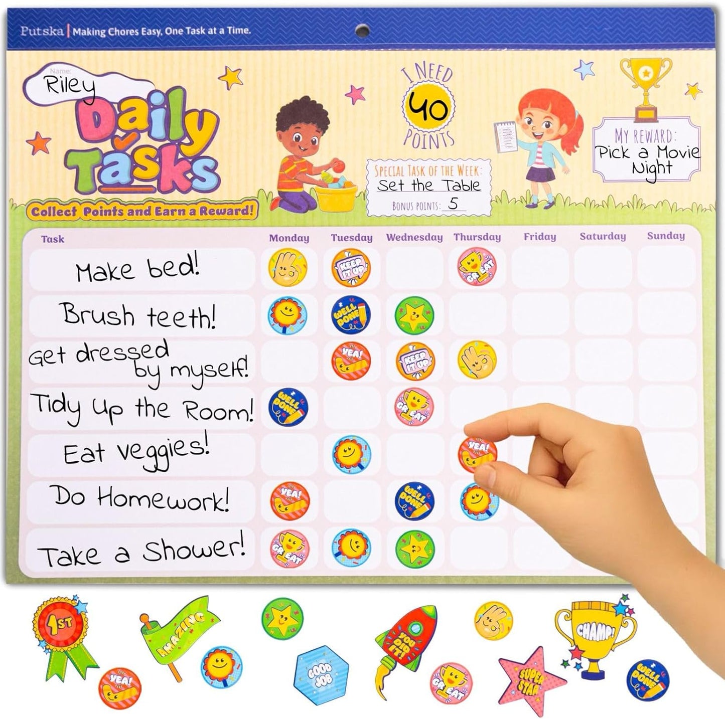 Putska Potty Tasks Training Chart set with stickers front view