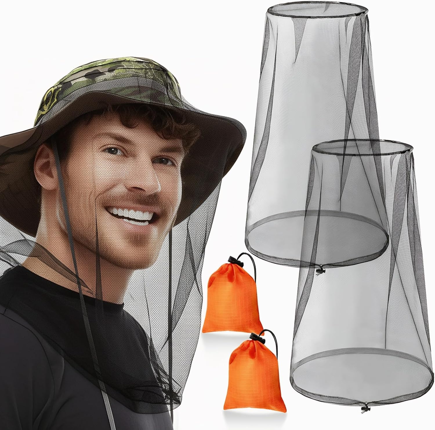 GuoluvSoo Mosquito Head Nets 2 Pack front view with storage pouches