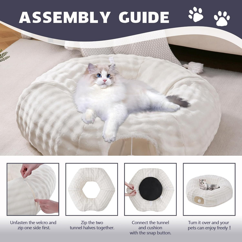 Multifunctional cat cave bed showing a rabbit resting comfortably on the center cushion