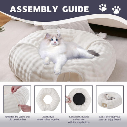 Multifunctional cat cave bed showing a rabbit resting comfortably on the center cushion