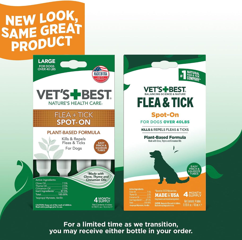 Back label of Vet's Best flea medicine displaying certified natural essential oils ingredient breakdown.