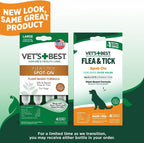 Back label of Vet's Best flea medicine displaying certified natural essential oils ingredient breakdown.