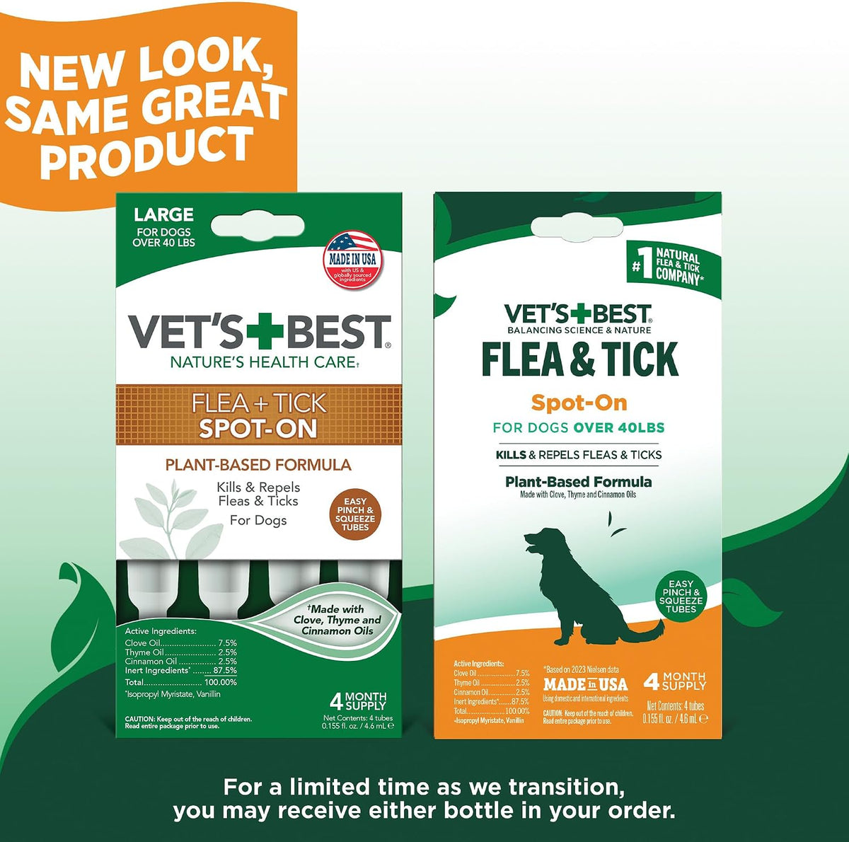 Back label of Vet's Best flea medicine displaying certified natural essential oils ingredient breakdown.