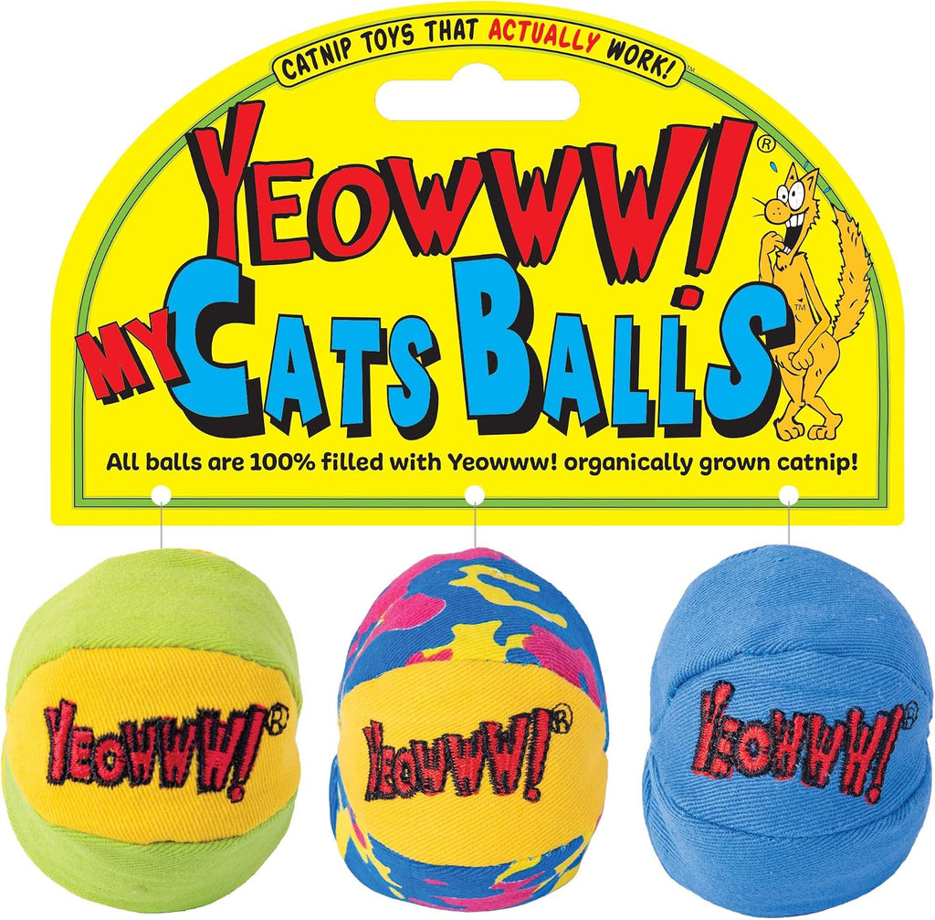 Yeowww Catnip My Cats Balls front view of three colorful toys on packaging.