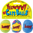 Yeowww Catnip My Cats Balls front view of three colorful toys on packaging.