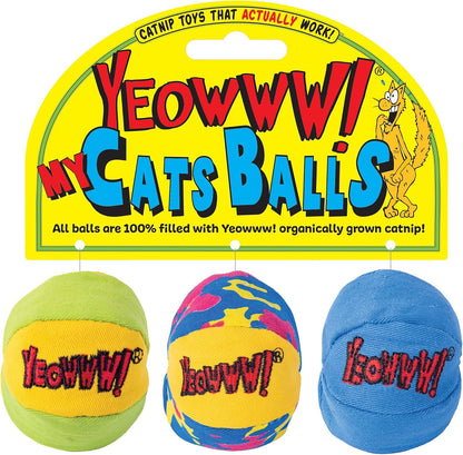 Yeowww Catnip My Cats Balls front view of three colorful toys on packaging.