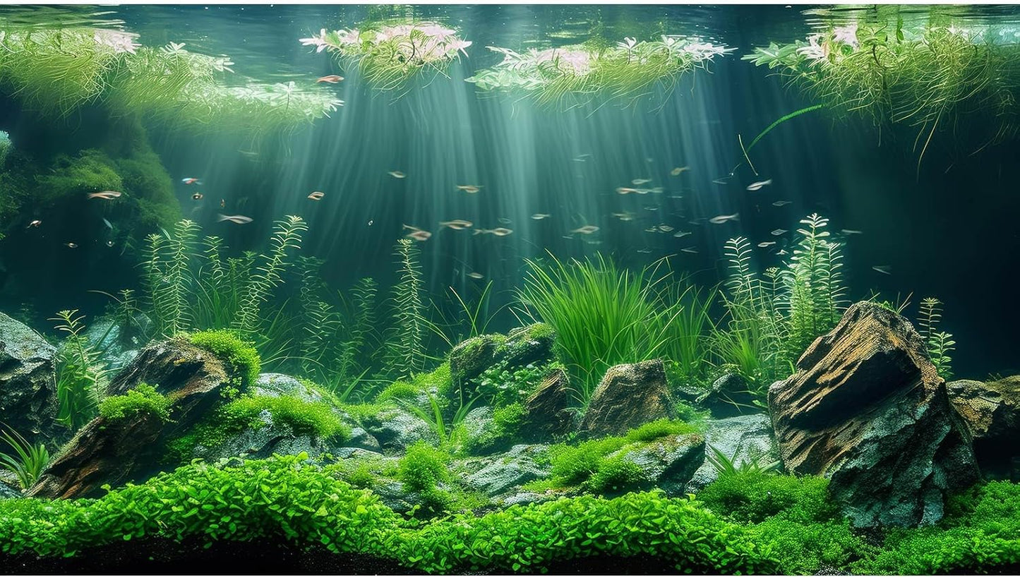 Riivvdise aquarium background front view featuring vivid green underwater grass leaves and stones.