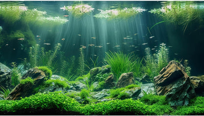 Riivvdise aquarium background front view featuring vivid green underwater grass leaves and stones.