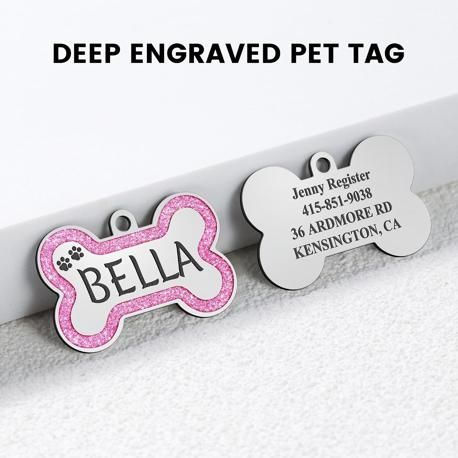 Custom laser engraved dog collar name tag close up view
