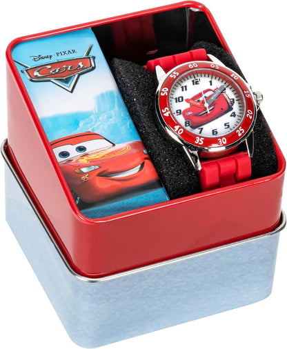 Authentic Accutime Disney Lightning McQueen watch showing silver tone casing.