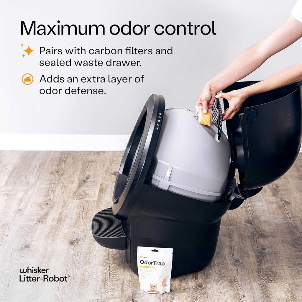 Whisker odor control replacement packets demonstrating the compact design suited for automatic litter boxes.