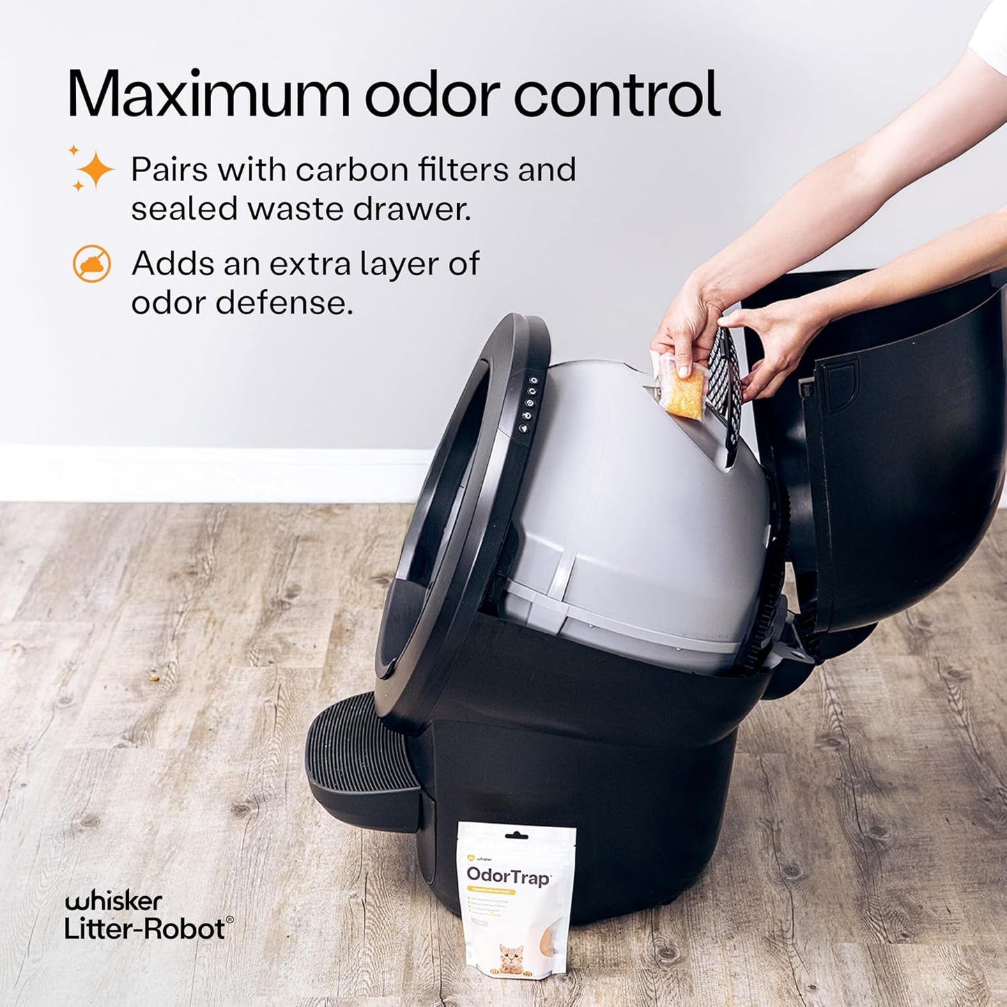Whisker odor control replacement packets demonstrating the compact design suited for automatic litter boxes.