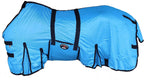 Challenger horse mesh summer sheet front view showing turquoise fabric and double buckle chest closure