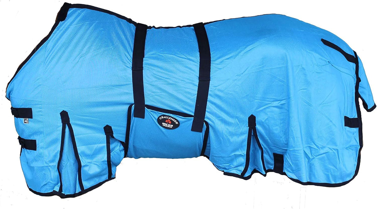 Challenger horse mesh summer sheet front view showing turquoise fabric and double buckle chest closure