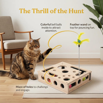 Close up of safe pine wood cat toy box with interactive circular openings