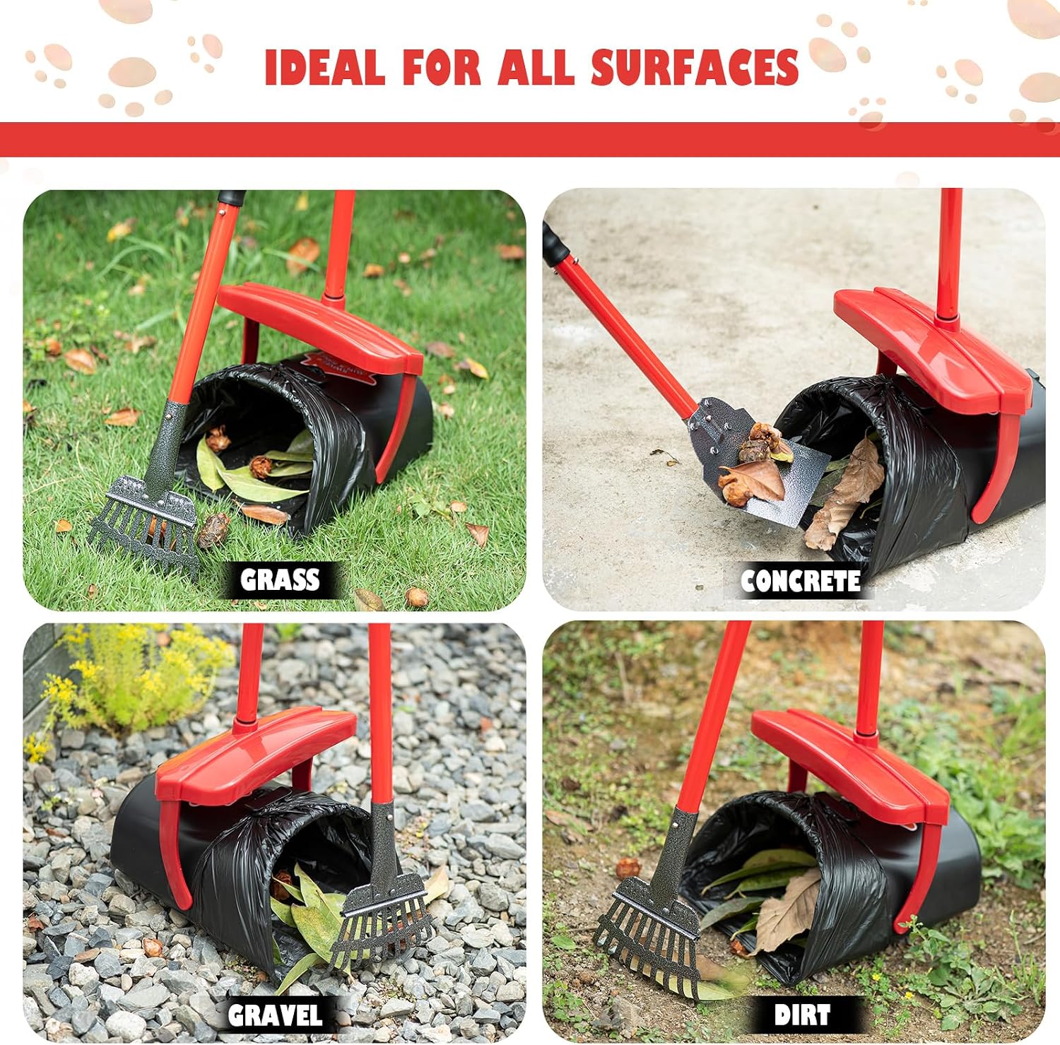 Heavy duty metal rake and spade attachments collecting pet waste on backyard grass.