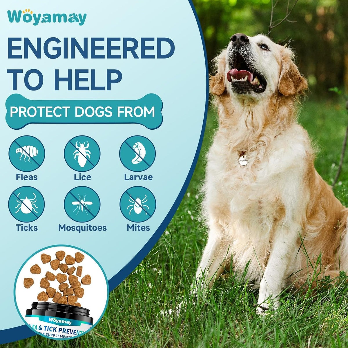 Close up of Woyamay soft chews for puppy flea and tick defense.