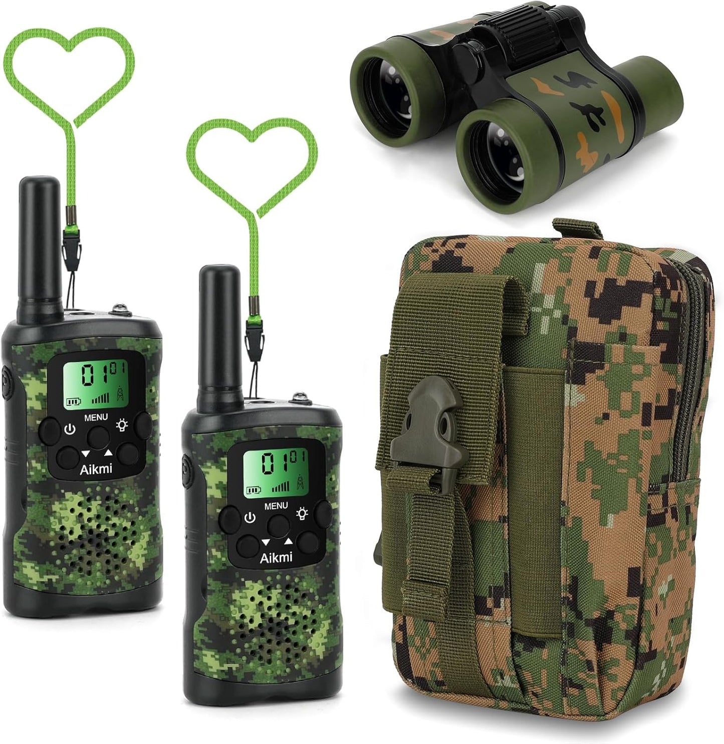 Aikmi kids walkie talkies green camo front view with tactical gear
