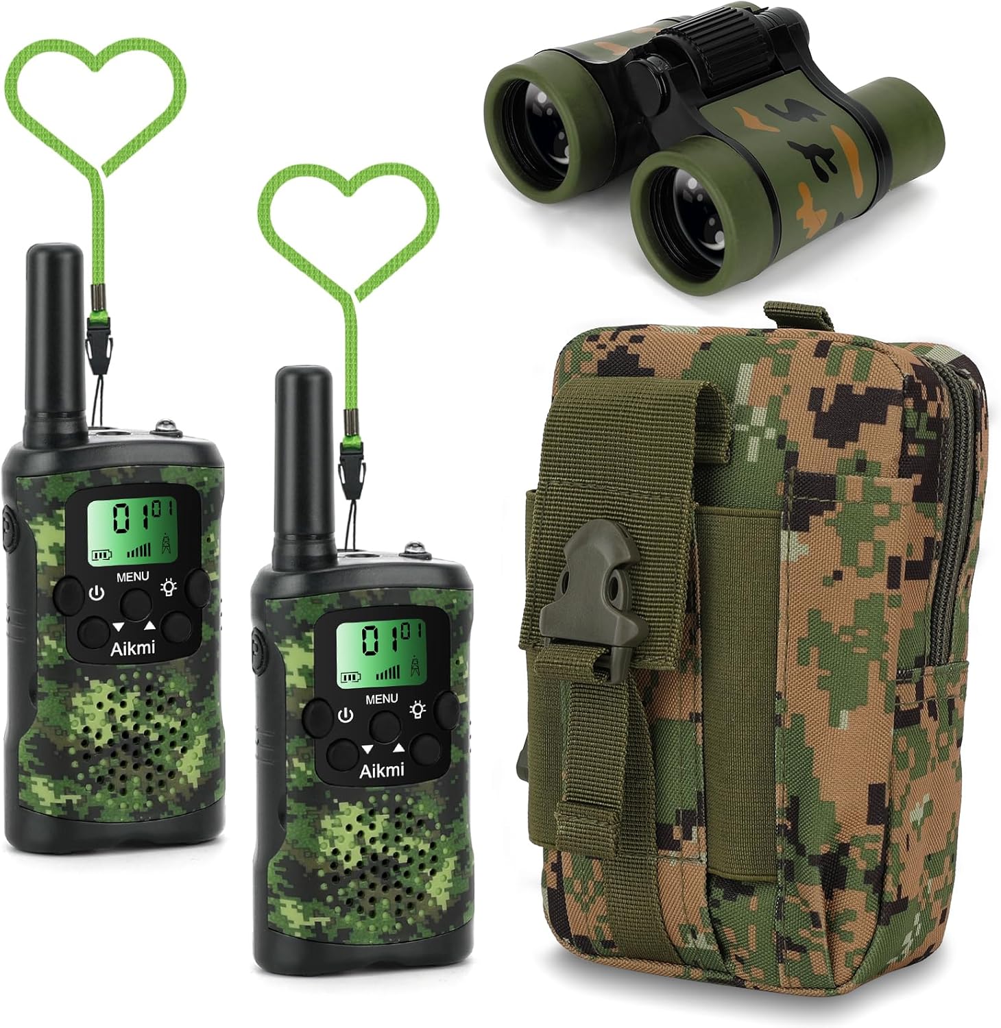 Aikmi kids walkie talkies green camo front view with tactical gear