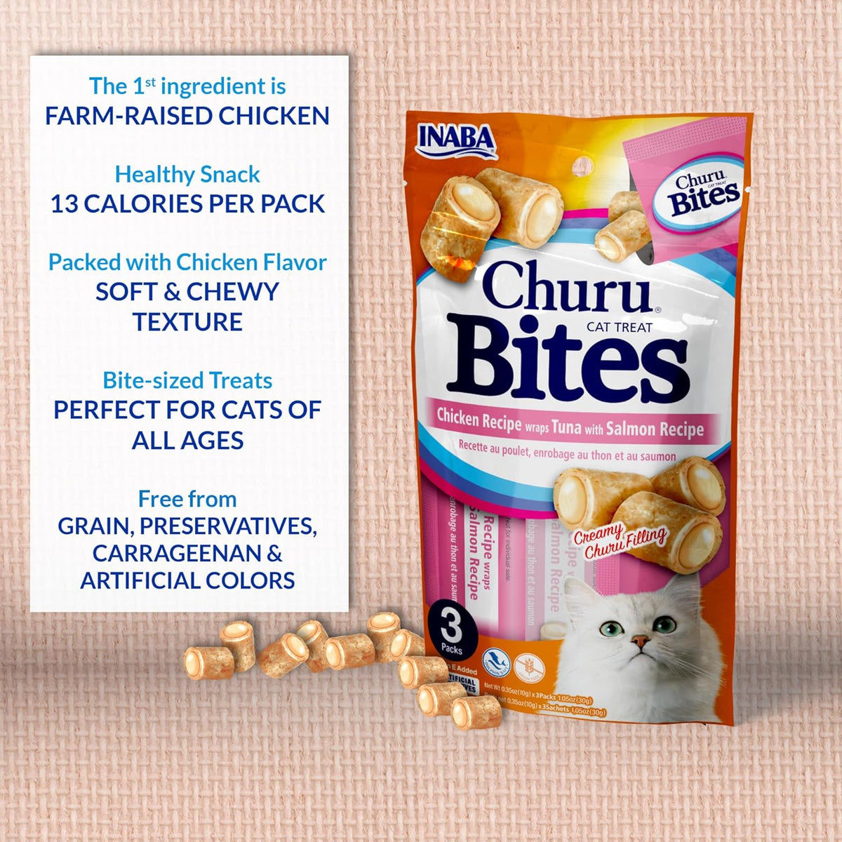 Nutritional information and ingredient details on Inaba Churu Bites box