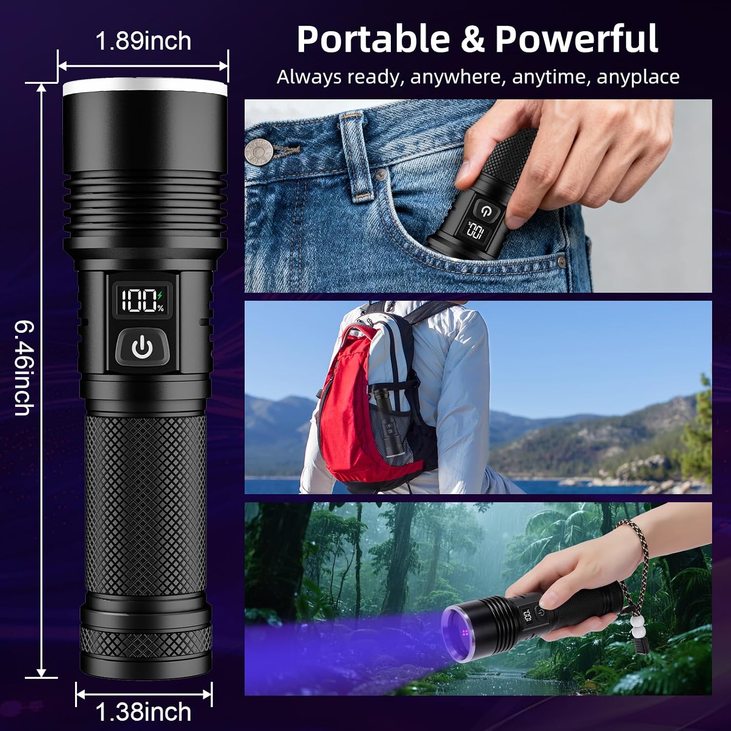 Tremdwoto rechargeable blacklight flashlight lighting up glowing minerals and scorpions outdoors in the dark.