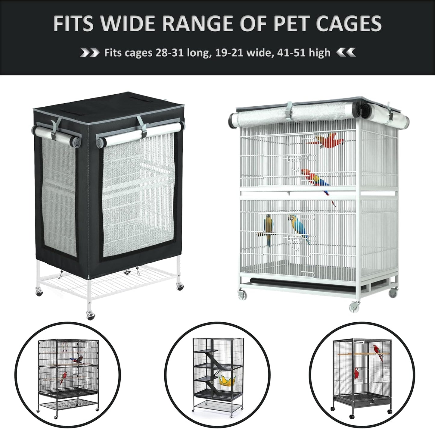 Premium double layer bird cage cover side view with roll up mesh windows