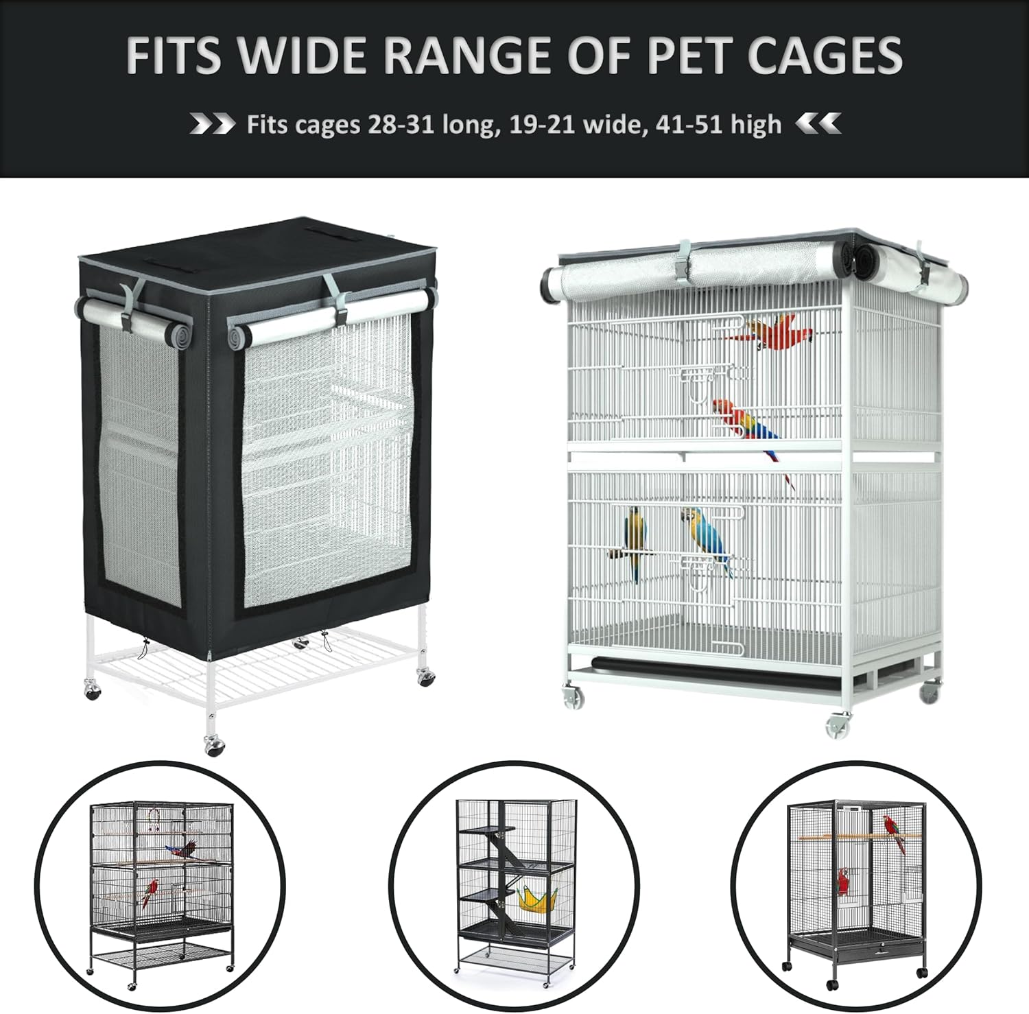 Premium double layer bird cage cover side view with roll up mesh windows