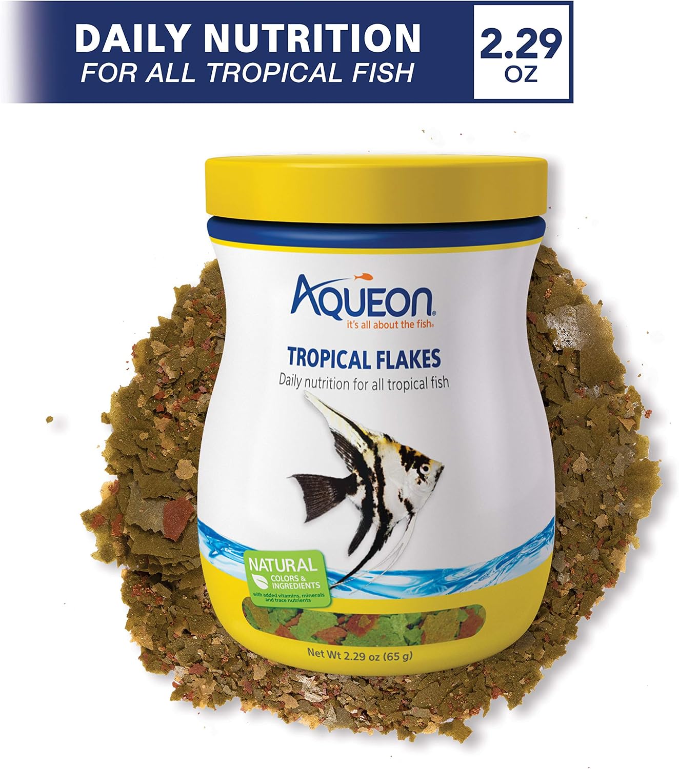 Close up of Aqueon Tropical Flakes fish food texture and ingredients
