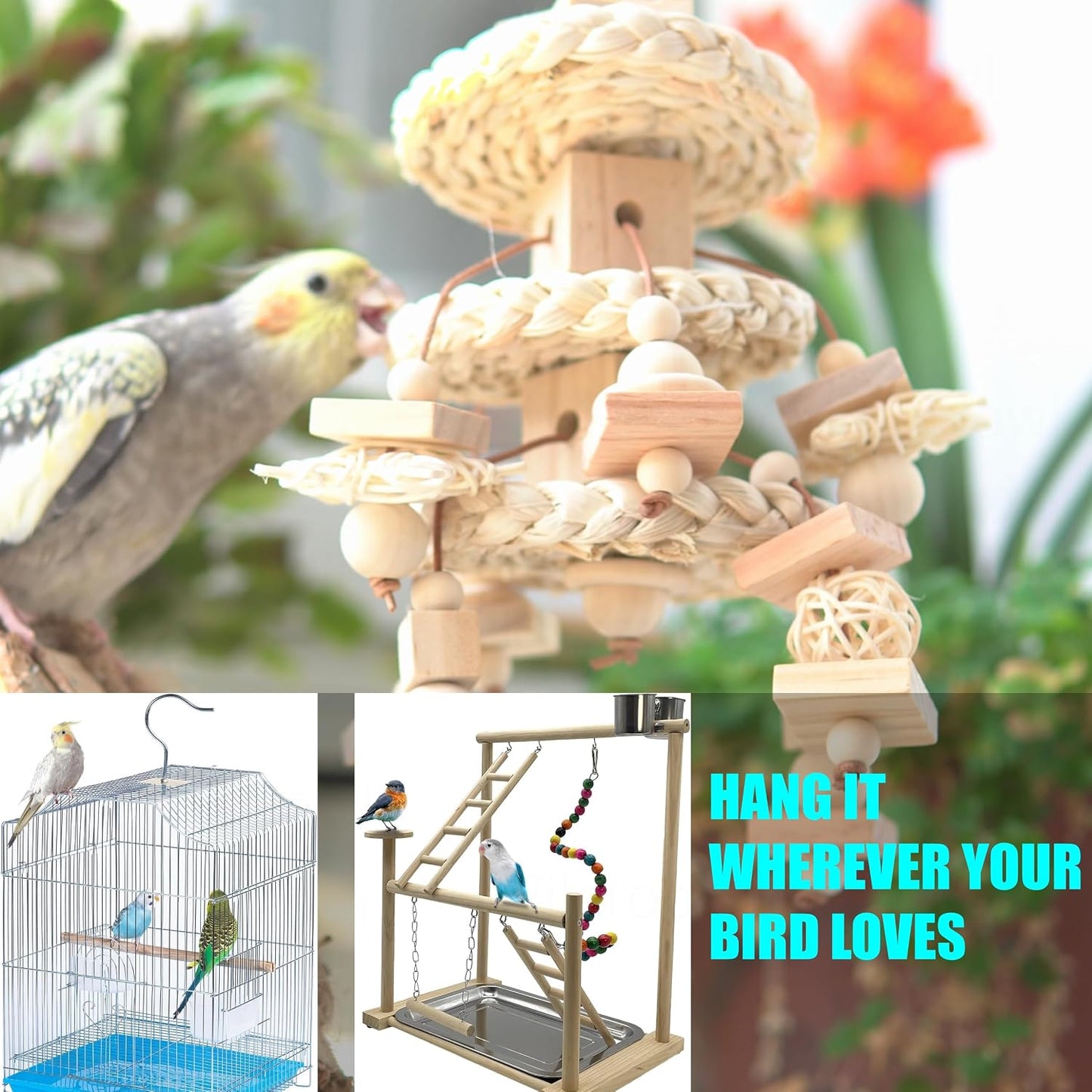 Vildroohowl non toxic parakeet toy with natural textures for beak conditioning.