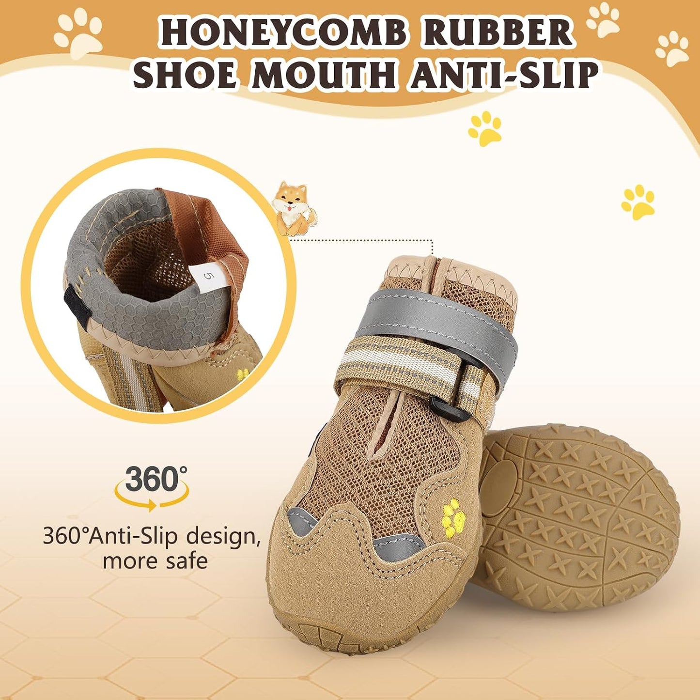 Side view of breathable mesh dog booties on canine paws