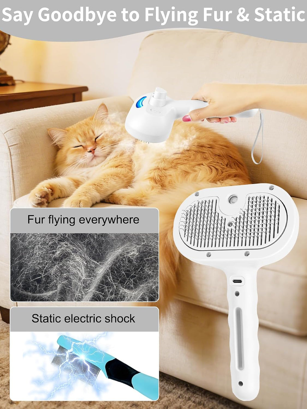 A golden retriever being gently groomed with the anti static misting pet brush to reduce shedding.
