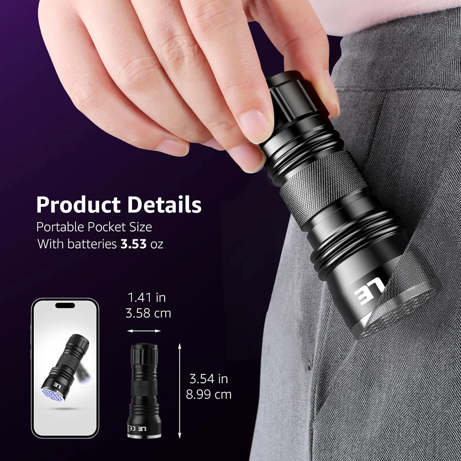 Portable blacklight flashlight being used to inspect hotel room bed hygiene.
