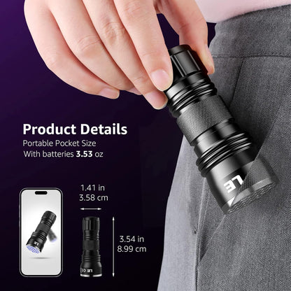 Portable blacklight flashlight being used to inspect hotel room bed hygiene.