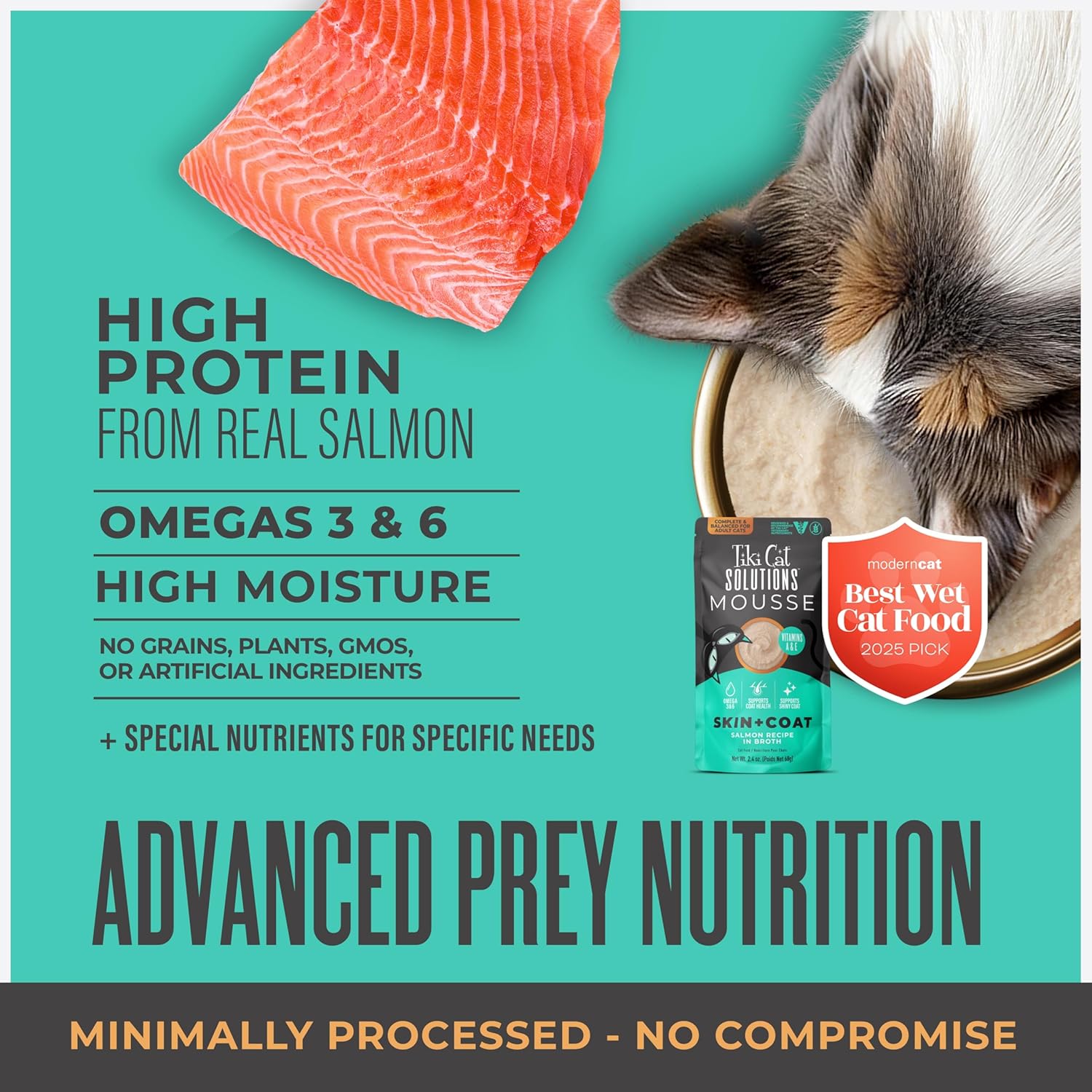 Ingredients list and nutritional information on the back of Tiki Cat Solutions pouch