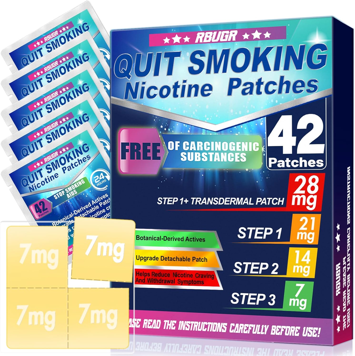 RBUGR Nicotine Patches 42 Pack front view showing the 28mg adjustable dosing packaging.