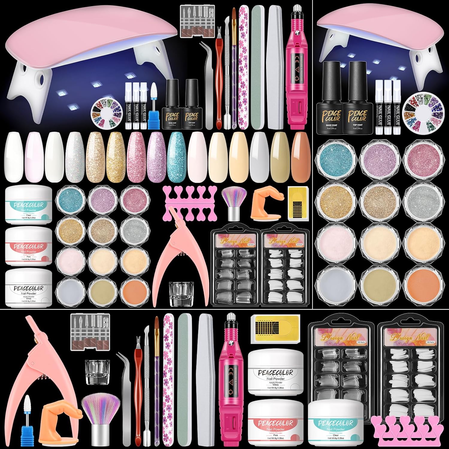 Acrylic Nail Kit for Beginners with Drill U V light, 3pc Acrylic Powder Clear/ Pink /White Set 12Pcs Glitter Powder 200Pcs Fake Tips Nail Starter Kit for Extensions DIY - Image 1