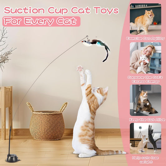 Maiguangta self holding cat wand toy attached to a smooth glass window for indoor play.
