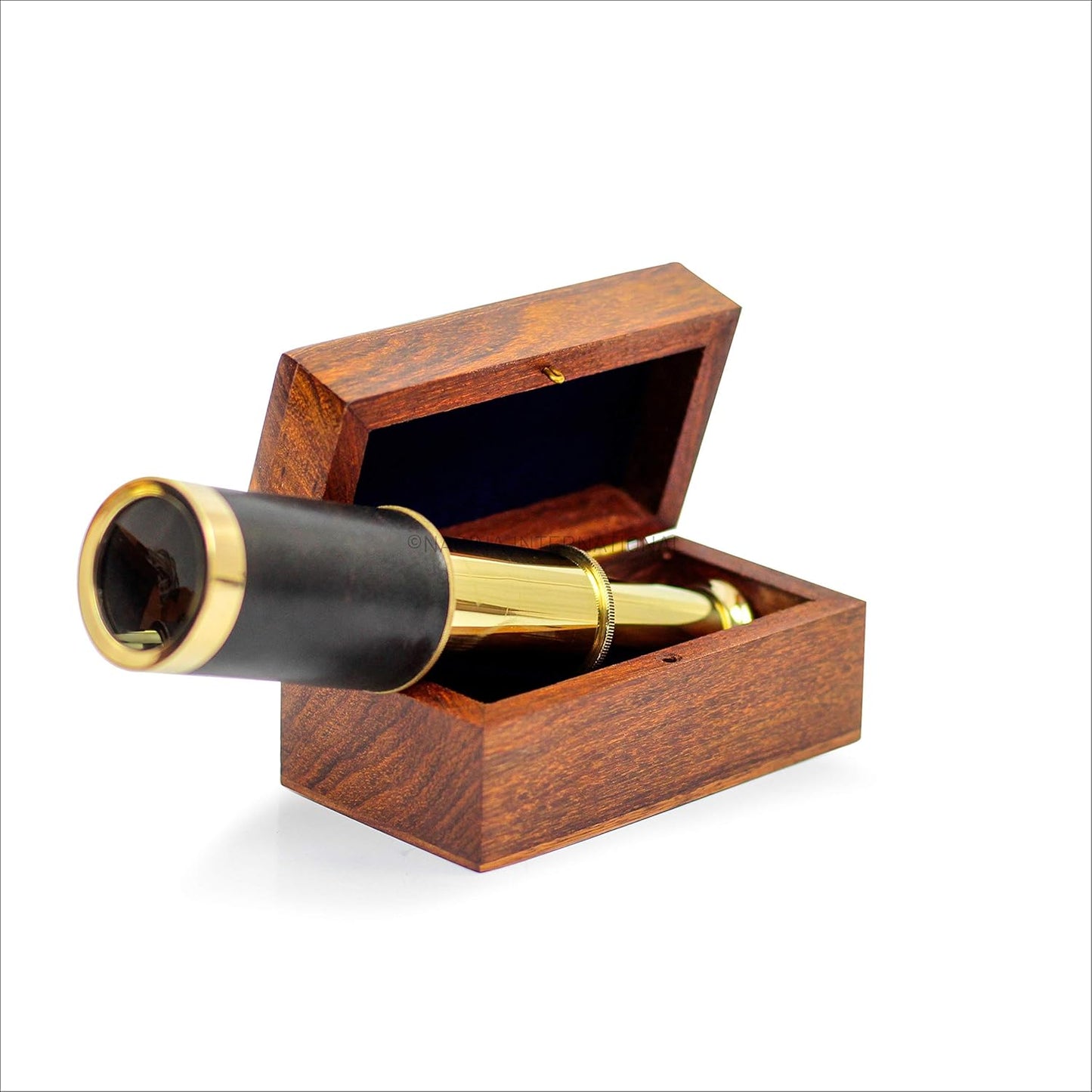 Nagina International miniature brass telescope front view showing polished finish inside rosewood box
