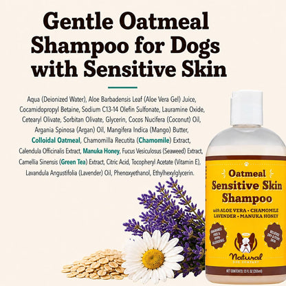 Natural Dog Company Sensitive Skin Dog Shampoo - Hypoallergenic Oatmeal Anti Itch Shampoo for Dogs, Gentle Puppy & Dog Wash with Aloe Vera, Manuka Honey & Chamomile, Odor Control, 12 oz - Image 9