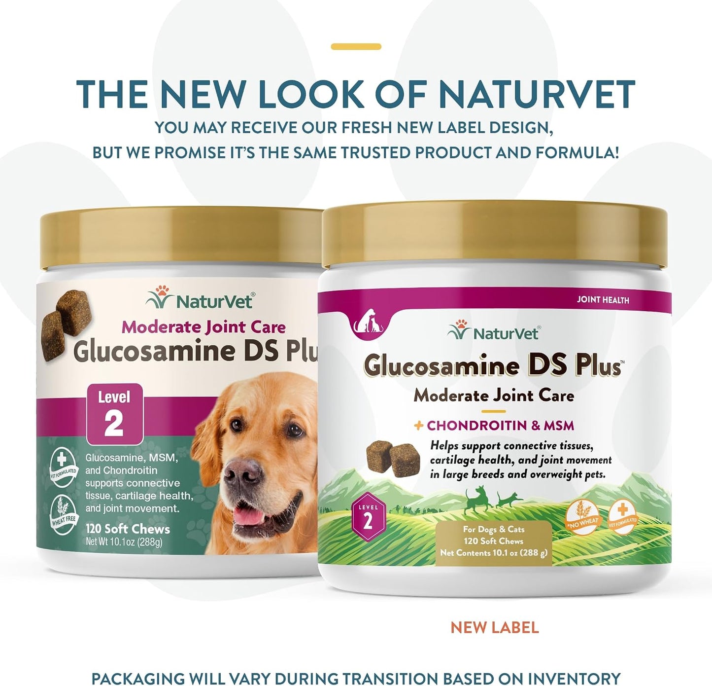 NaturVet dog and cat hip and joint supplement jar showcasing key active ingredients