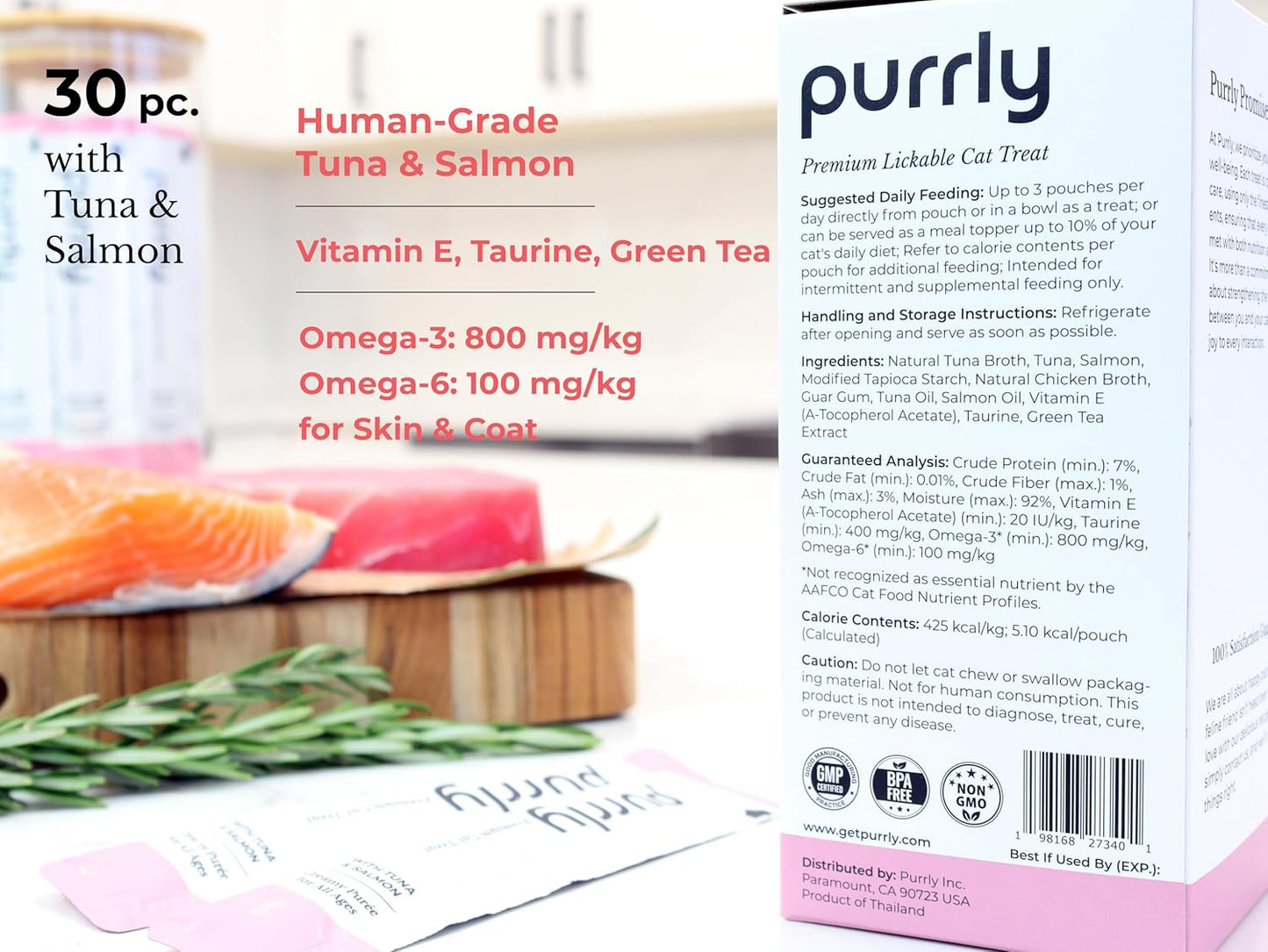 Purrly cat treat ingredient highlights on packaging