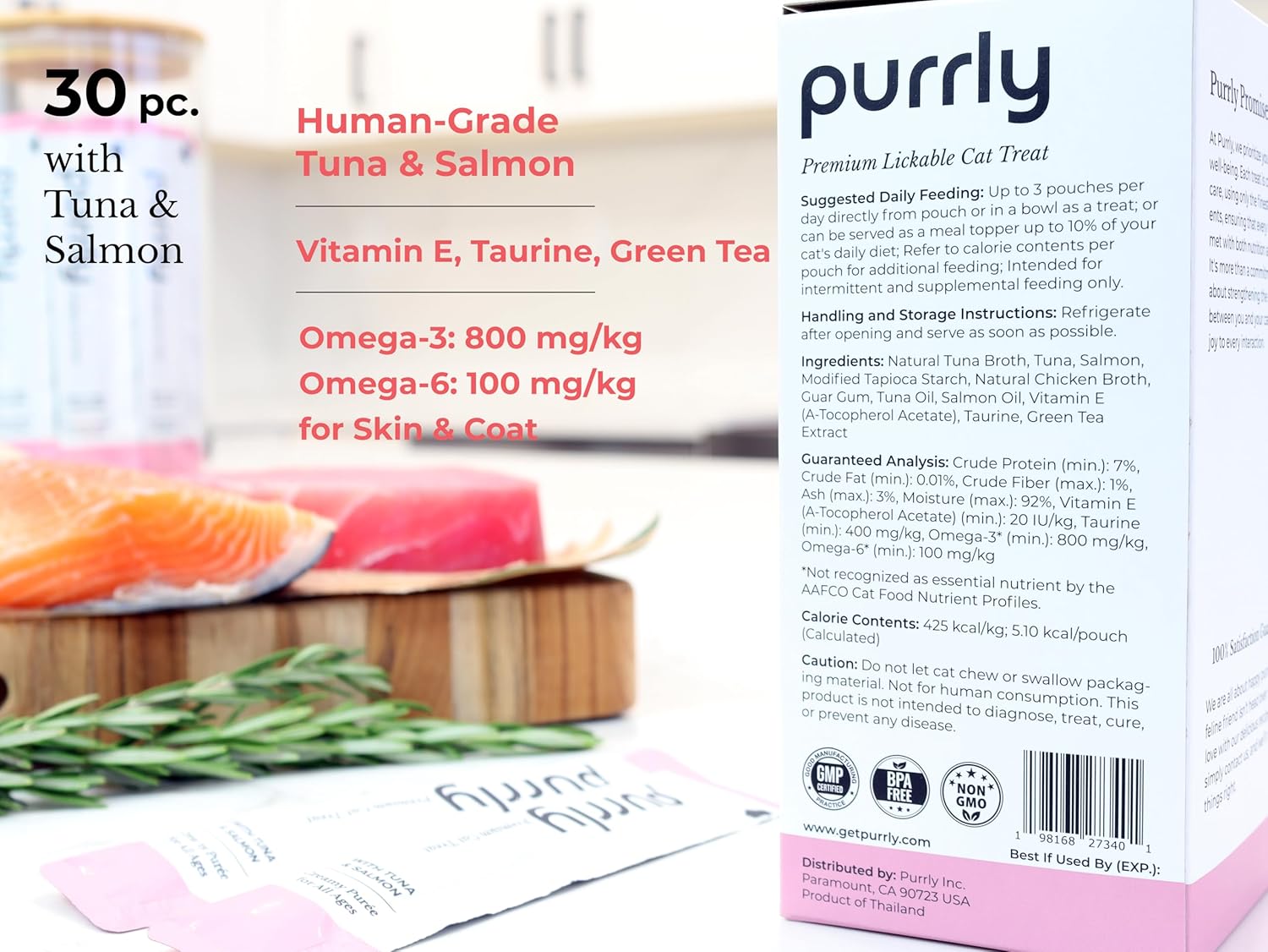 Purrly cat treat ingredient highlights on packaging