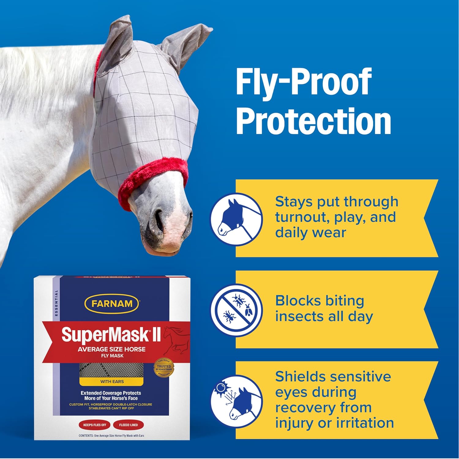 Farnam SuperMask II Horse Fly Mask WITH EARS, Extended Coverage Equine Fly Protection, Protects Eyes from Insects, Debris & UV, Adjustable Throat Latch, Plush Fleece Trim, Average Size - Image 8